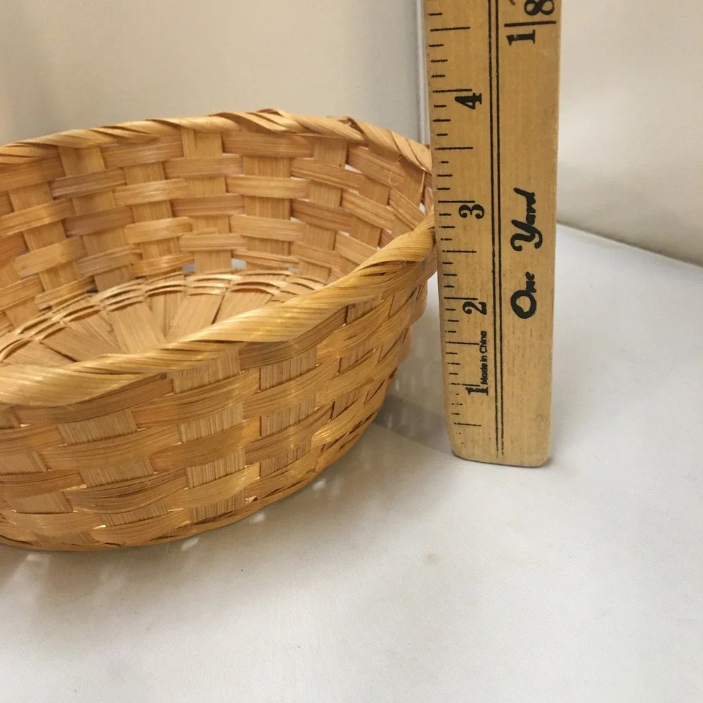 Woven Bamboo Basket Home Decor 7.25in Tan Round Lattice Storage Cottagecore